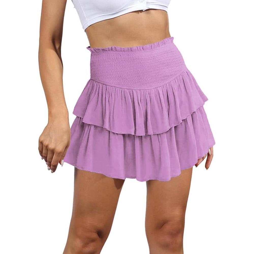 imageIDEALSANXUN Ruffle Mini Skirt for Women Smocked Waist A Line Cute Short Flowy SkirtLight Purple