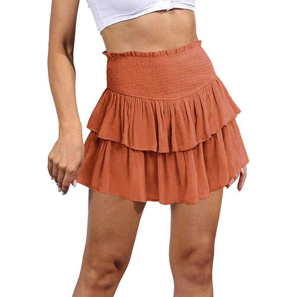 imageIDEALSANXUN Ruffle Mini Skirt for Women Smocked Waist A Line Cute Short Flowy SkirtOrange