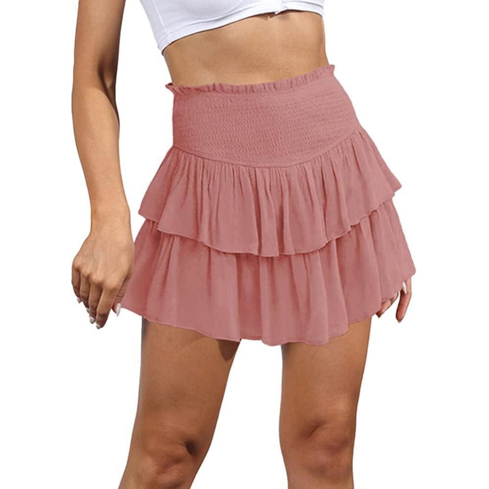 imageIDEALSANXUN Ruffle Mini Skirt for Women Smocked Waist A Line Cute Short Flowy SkirtPink