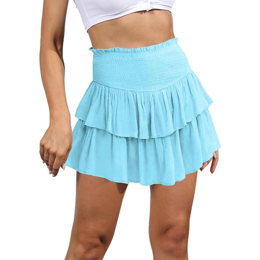 imageIDEALSANXUN Ruffle Mini Skirt for Women Smocked Waist A Line Cute Short Flowy SkirtSky Blue