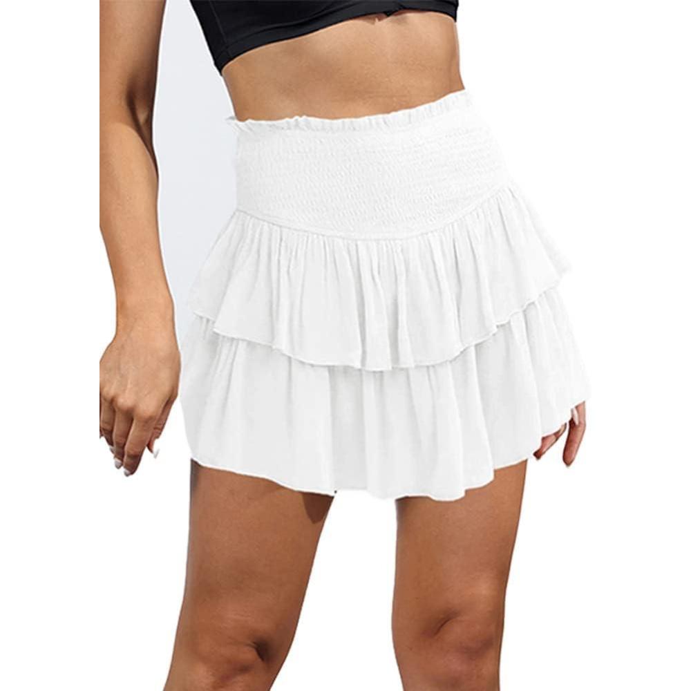 imageIDEALSANXUN Ruffle Mini Skirt for Women Smocked Waist A Line Cute Short Flowy SkirtWhite