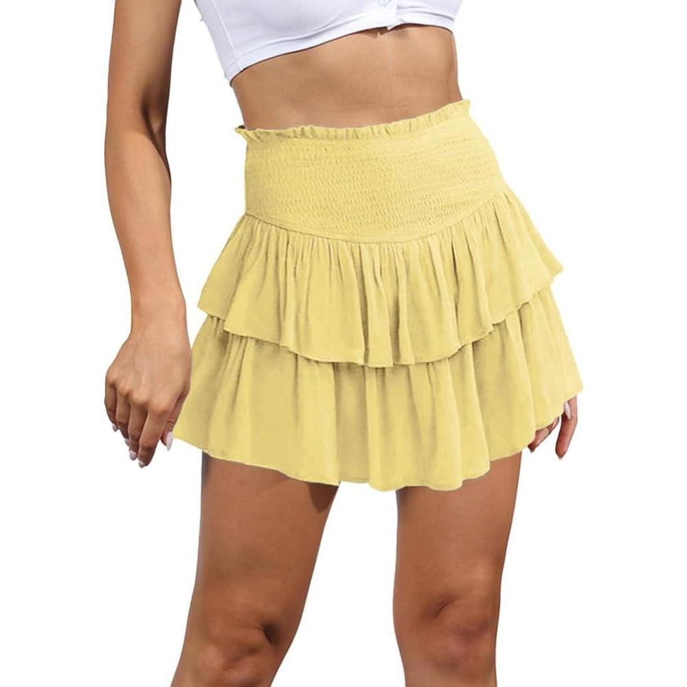 imageIDEALSANXUN Ruffle Mini Skirt for Women Smocked Waist A Line Cute Short Flowy SkirtYellow