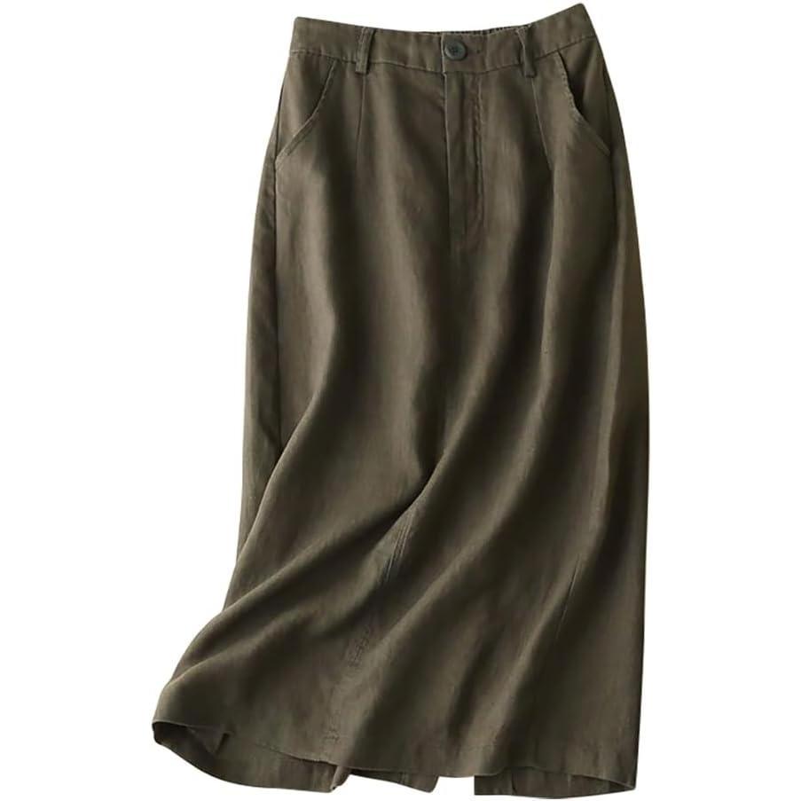 imageIDEALSANXUN Womens Cotton Linen Skirts Spring Summer A Line Midi Skirt with Pockets Beach Vacation ClothesArmy