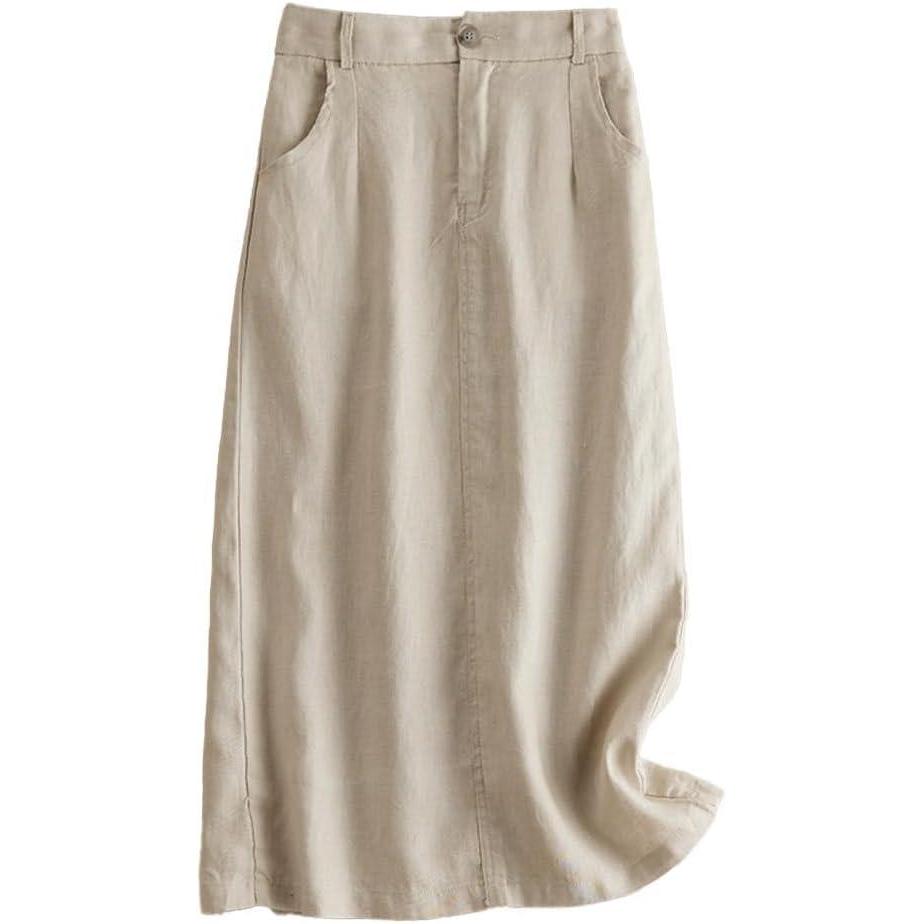 imageIDEALSANXUN Womens Cotton Linen Skirts Spring Summer A Line Midi Skirt with Pockets Beach Vacation ClothesBeige