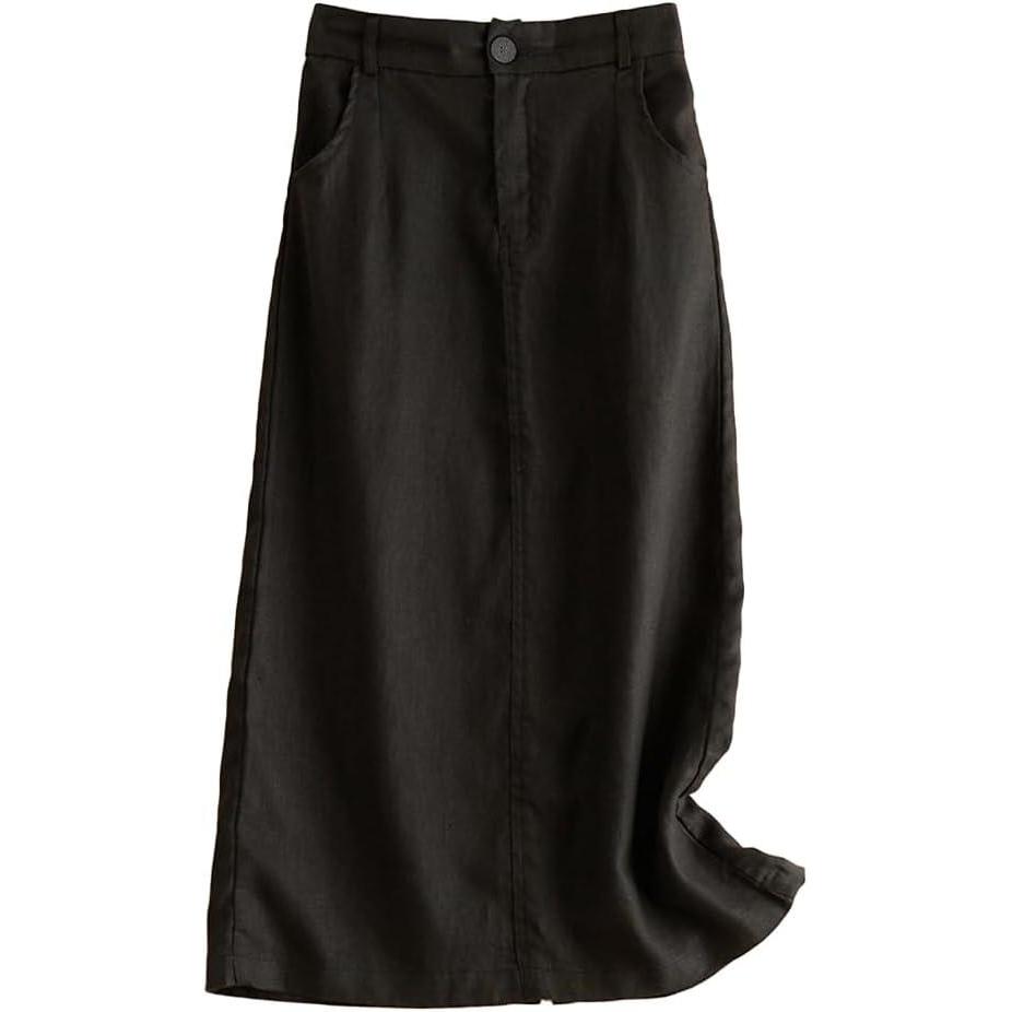 imageIDEALSANXUN Womens Cotton Linen Skirts Spring Summer A Line Midi Skirt with Pockets Beach Vacation ClothesBlack
