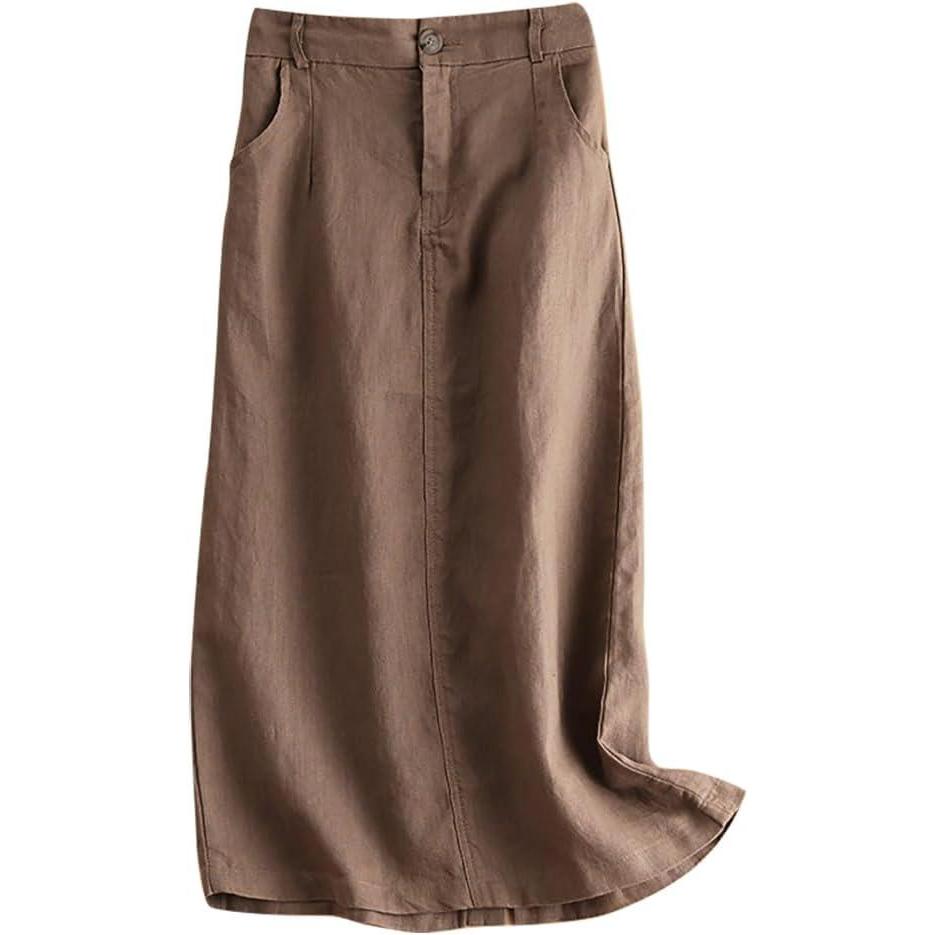 imageIDEALSANXUN Womens Cotton Linen Skirts Spring Summer A Line Midi Skirt with Pockets Beach Vacation ClothesCoffee