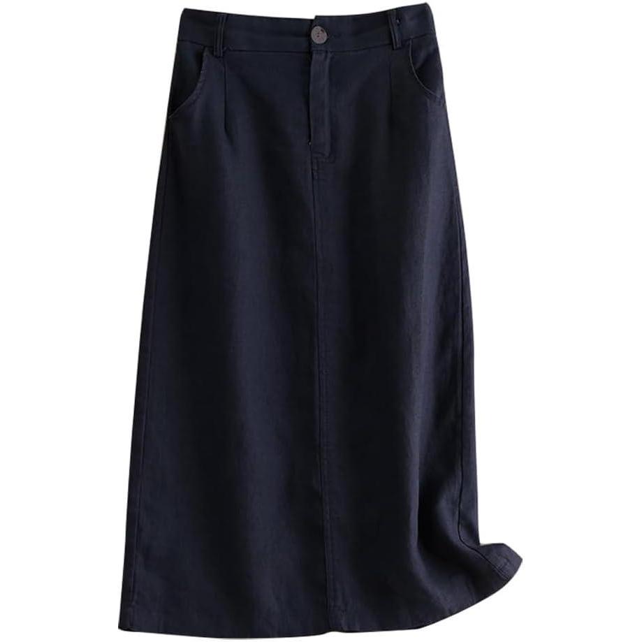 imageIDEALSANXUN Womens Cotton Linen Skirts Spring Summer A Line Midi Skirt with Pockets Beach Vacation ClothesNavy