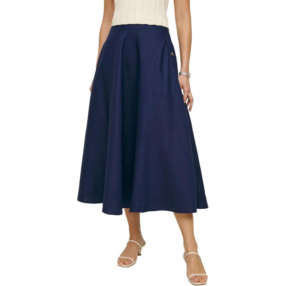 imageIDEALSANXUN Womens Cotton Linen Skirts Spring Summer A Line Pleated Maxi Midi Skirt with PocketsNavy