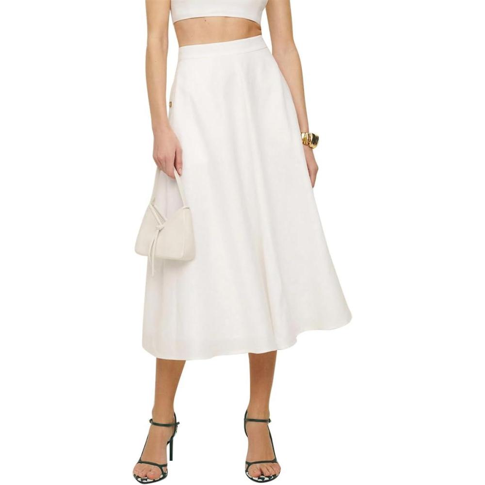 imageIDEALSANXUN Womens Cotton Linen Skirts Spring Summer A Line Pleated Maxi Midi Skirt with PocketsWhite
