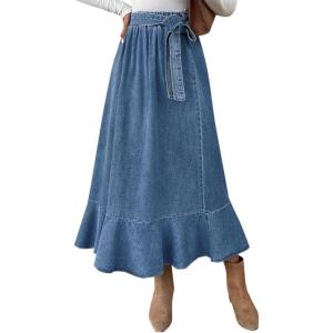 imageIDEALSANXUN Denim Skirt for Women Spring Summer Outfits A Line Elastic High Waisted Drawstring Pleated Casual Midi Jean SkirtBlue