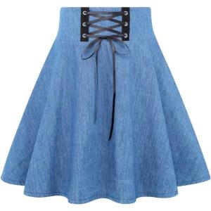 imageIDEALSANXUN Gothic Plaid Mini Skirts for Women Short High Waist Plaid SkirtsDenim Light Blue