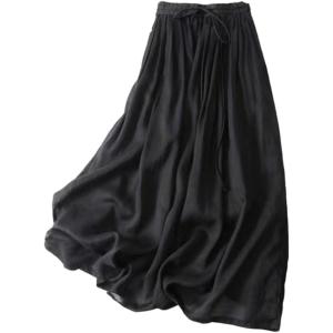 imageIDEALSANXUN Linen Skirts for Women Spring Summer A Line Drawstring Elastic High Waisted Casual Cute Trendy Flowy Midi SkirtBlack