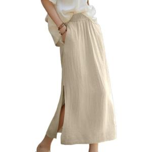 imageIDEALSANXUN Linen Skirts for Women Spring Summer Casual Lightweight Elastic High Waisted Cotton Midi Skirt with SlitBeige