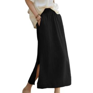 imageIDEALSANXUN Linen Skirts for Women Spring Summer Casual Lightweight Elastic High Waisted Cotton Midi Skirt with SlitBlack