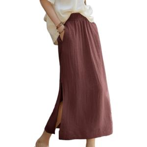 imageIDEALSANXUN Linen Skirts for Women Spring Summer Casual Lightweight Elastic High Waisted Cotton Midi Skirt with SlitWine