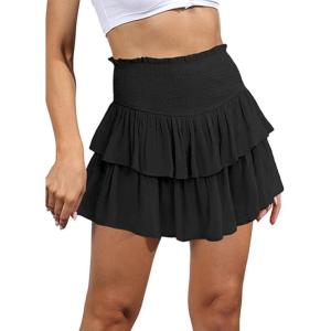 imageIDEALSANXUN Ruffle Mini Skirt for Women Smocked Waist A Line Cute Short Flowy SkirtBlack
