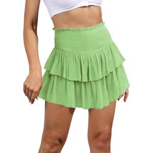 imageIDEALSANXUN Ruffle Mini Skirt for Women Smocked Waist A Line Cute Short Flowy SkirtGreen