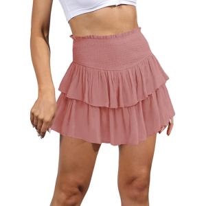 imageIDEALSANXUN Ruffle Mini Skirt for Women Smocked Waist A Line Cute Short Flowy SkirtPink