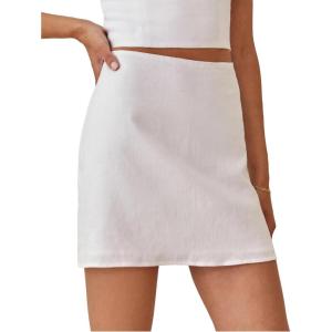 imageIDEALSANXUN Womens Cotton Linen Skirt High Waisted Summer Pencil Mini SkirtWhite