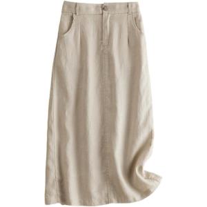 imageIDEALSANXUN Womens Cotton Linen Skirts Spring Summer A Line Midi Skirt with Pockets Beach Vacation ClothesBeige