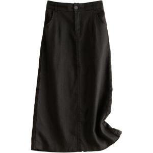 imageIDEALSANXUN Womens Cotton Linen Skirts Spring Summer A Line Midi Skirt with Pockets Beach Vacation ClothesBlack