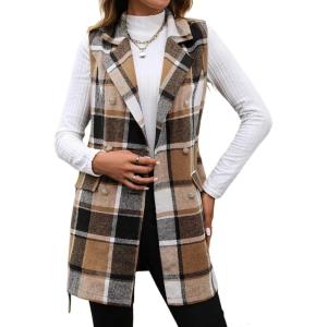 imageIDEALSANXUN Womens Double Breasted Plaid Vest Tops Fall Winter Sleeveless Blazer JacketsBrown