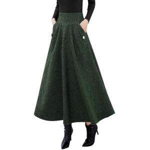 imageIDEALSANXUN Womens Fall Winter High Waisted Wool Plaid Aline Long SkirtArmy