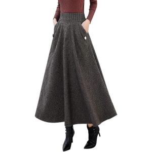 imageIDEALSANXUN Womens Fall Winter High Waisted Wool Plaid Aline Long SkirtCoffee