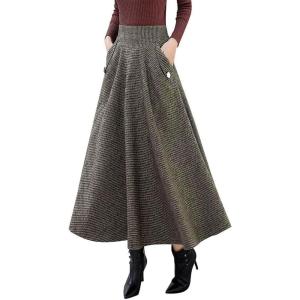 imageIDEALSANXUN Womens Fall Winter High Waisted Wool Plaid Aline Long SkirtKhaki