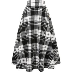 imageIDEALSANXUN Womens Fall Winter High Waisted Wool Plaid Aline Long SkirtPlaid Black White