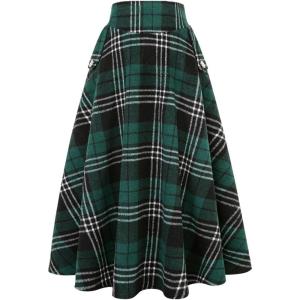 imageIDEALSANXUN Womens Fall Winter High Waisted Wool Plaid Aline Long SkirtPlaid Green 01