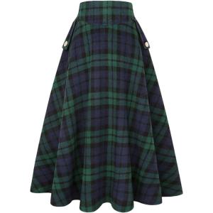 imageIDEALSANXUN Womens Fall Winter High Waisted Wool Plaid Aline Long SkirtPlaid Green