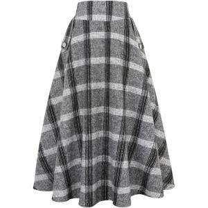 imageIDEALSANXUN Womens Fall Winter High Waisted Wool Plaid Aline Long SkirtPlaid Grey