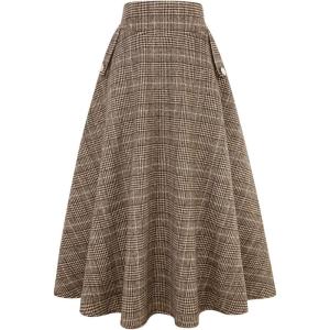 imageIDEALSANXUN Womens Fall Winter High Waisted Wool Plaid Aline Long SkirtPlaid Grid Coffee