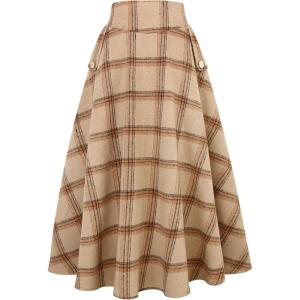 imageIDEALSANXUN Womens Fall Winter High Waisted Wool Plaid Aline Long SkirtPlaid Khaki