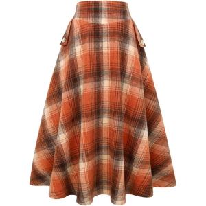 imageIDEALSANXUN Womens Fall Winter High Waisted Wool Plaid Aline Long SkirtPlaid Orange