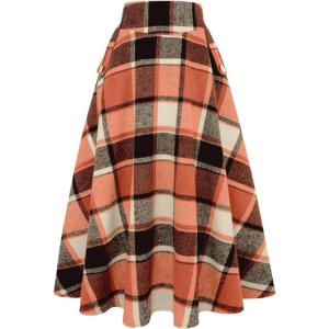 imageIDEALSANXUN Womens Fall Winter High Waisted Wool Plaid Aline Long SkirtPlaid Orange New