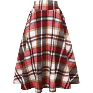 imageIDEALSANXUN Womens Fall Winter High Waisted Wool Plaid Aline Long SkirtPlaid Wine
