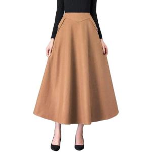 imageIDEALSANXUN Womens Fall Winter High Waisted Wool Plaid Aline Long SkirtPure Khaki