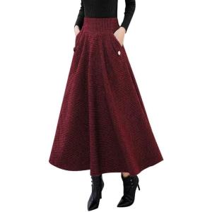 imageIDEALSANXUN Womens Fall Winter High Waisted Wool Plaid Aline Long SkirtWine