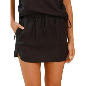 imageIDEALSANXUN Womens Linen Skirts Spring Summer Elastic Waist Beach Cute Mini Skirt with DrawstringBlack