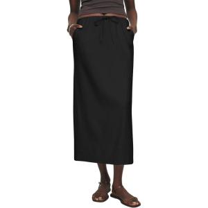 imageIDEALSANXUN Womens Linen Skirts Trendy Elastic Waist Drawstring Long Skirts with SlitBlack