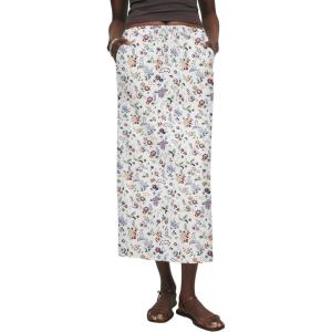 imageIDEALSANXUN Womens Linen Skirts Trendy Elastic Waist Drawstring Long Skirts with SlitFloral White