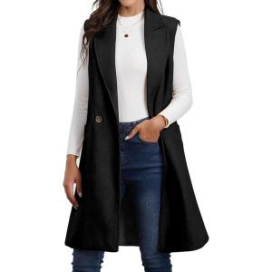 imageIDEALSANXUN Womens Long Vest Fall Winter Wool Sleeveless Blazer Jackets Waistcoat CoatsBlack