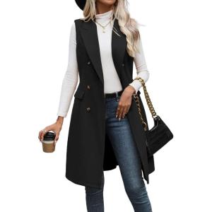 imageIDEALSANXUN Womens Long Wool Vest Fall Winter Sleeveless Blazer Jackets Trench Coat Outerwear TopsBlack