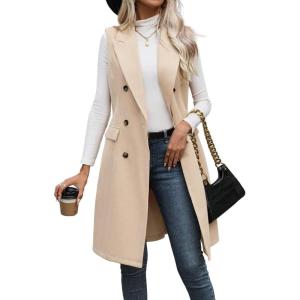imageIDEALSANXUN Womens Long Wool Vest Fall Winter Sleeveless Blazer Jackets Trench Coat Outerwear TopsLight Khaki