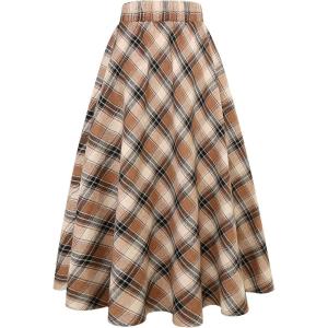 imageIDEALSANXUN Womens Plaid Skirt Elastic Waist Aline Midi Pleated SkirtsLight Brown