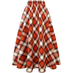 imageIDEALSANXUN Womens Plaid Skirt Elastic Waist Aline Midi Pleated SkirtsOrange