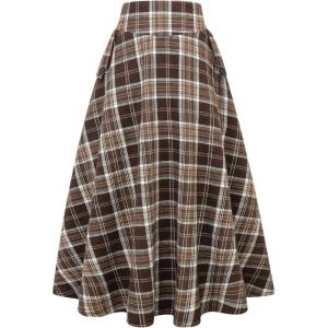 imageIDEALSANXUN Womens Plaid Skirts Fall Winter High Waisted A Line Long Pleated Maxi Skirt with PocketsBrown
