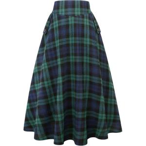imageIDEALSANXUN Womens Plaid Skirts Fall Winter High Waisted A Line Long Pleated Maxi Skirt with PocketsGreen